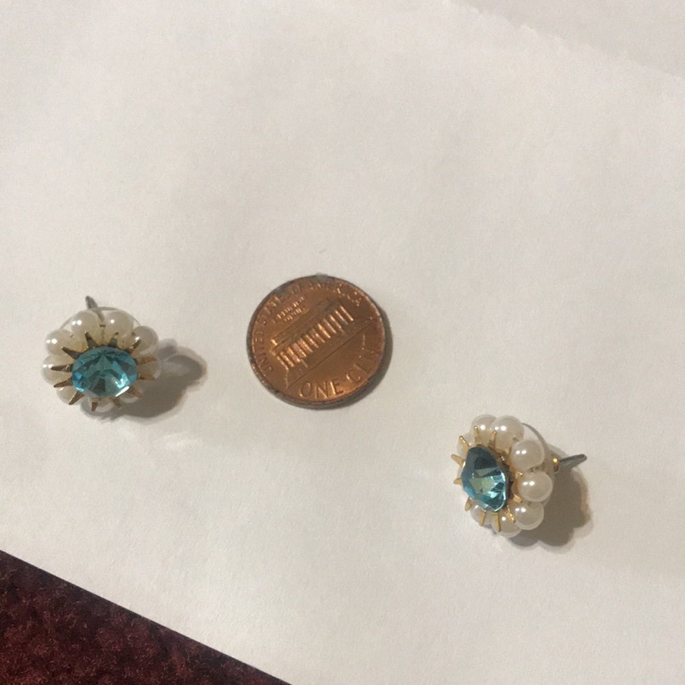Y2k Betsey Johnson Stud Pearl Blue Gold Gem Tiffany Teal Vintage Sun Star Burst - Picture 12 of 12
